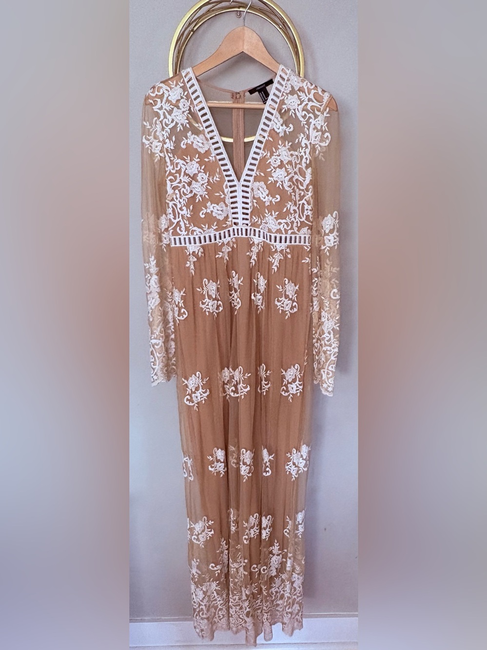 Forever 21 Tan Maxi Dress with White Floral Embroidery
